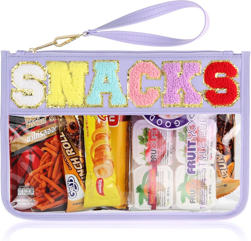 TESAFNG Snack Bag for Travel - Clear Chenille Varsity Letter Flat Pouch with Zipper, 12.2×8.46 inch Waterproof Clear Nylon Preppy Patch Makeup Cosmetic tote Bags for Women Girls - Image 1